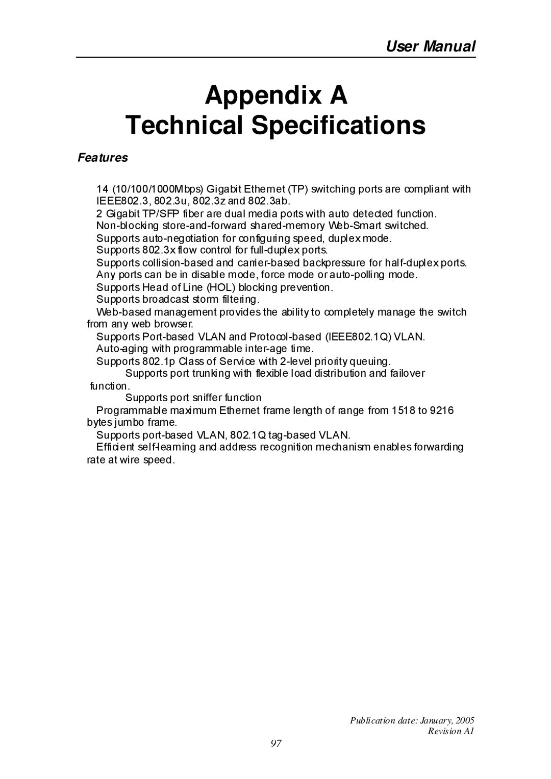 Edimax Technology ES-516G+ user manual Appendix a Technical Specifications 