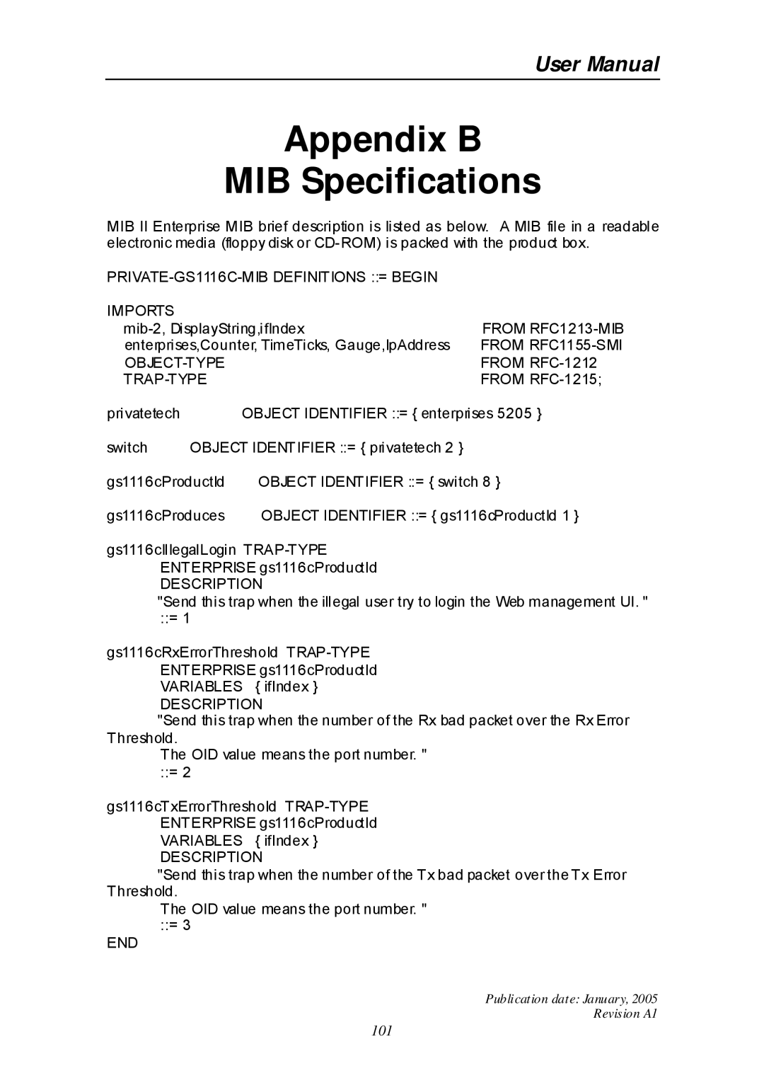 Edimax Technology ES-516G+ user manual Appendix B MIB Specifications 