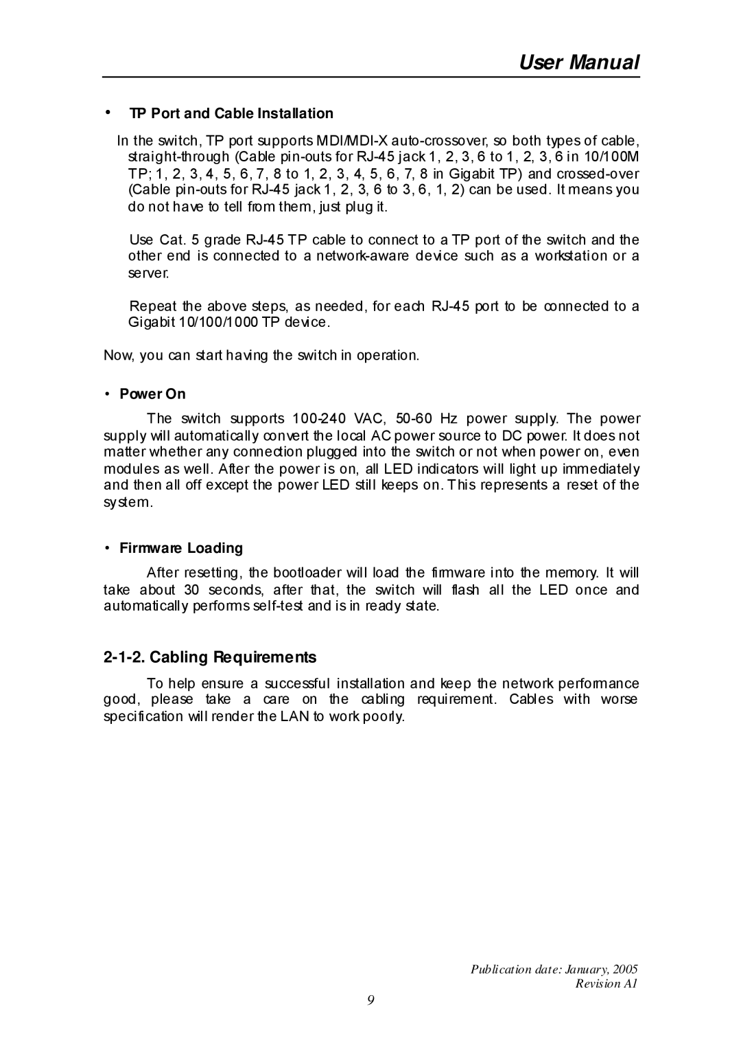 Edimax Technology ES-516G+ user manual Cabling Requirements, TP Port and Cable Installation, Power On, Firmware Loading 