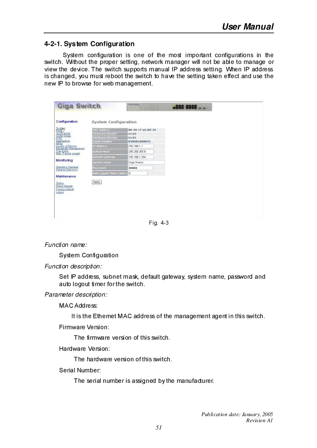 Edimax Technology ES-516G+ user manual System Configuration, Function description 