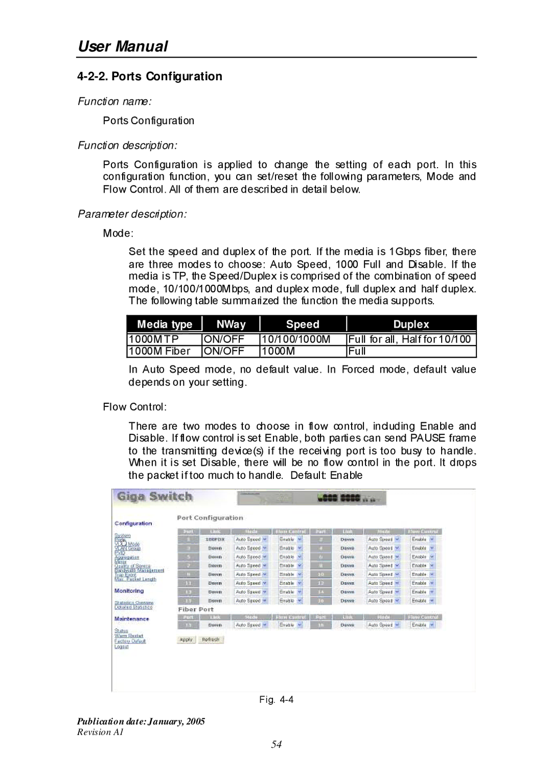 Edimax Technology ES-516G+ user manual Ports Configuration, Media type NWay Speed Duplex 