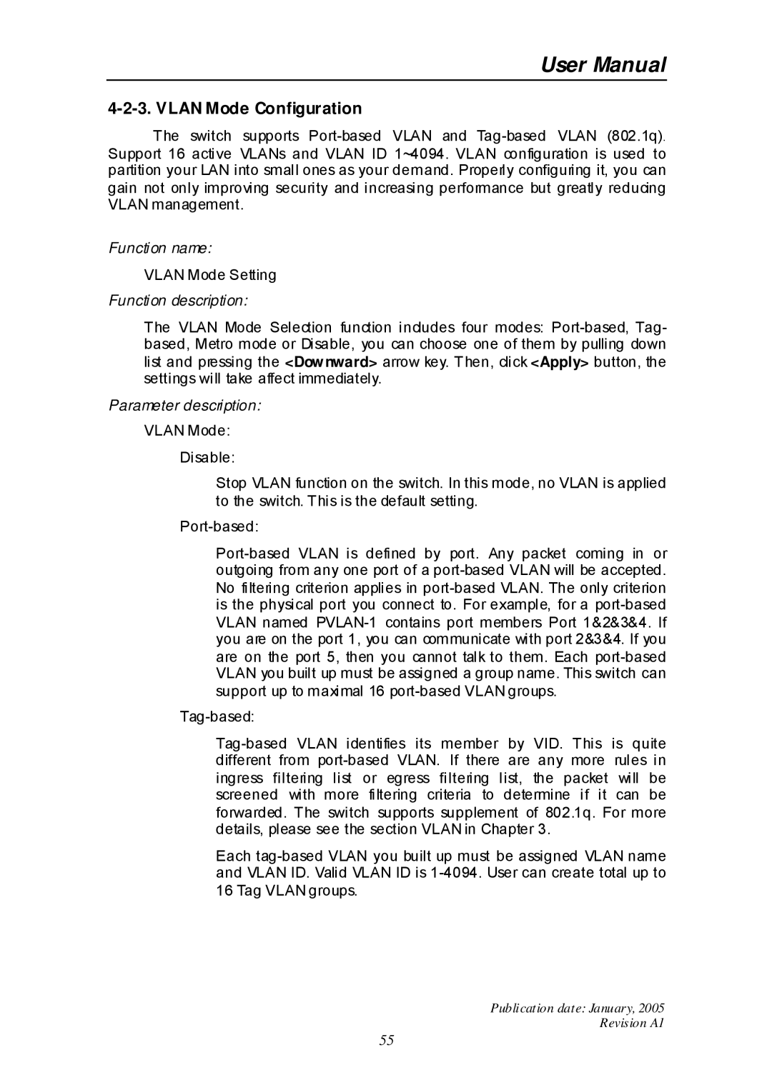 Edimax Technology ES-516G+ user manual Vlan Mode Configuration 