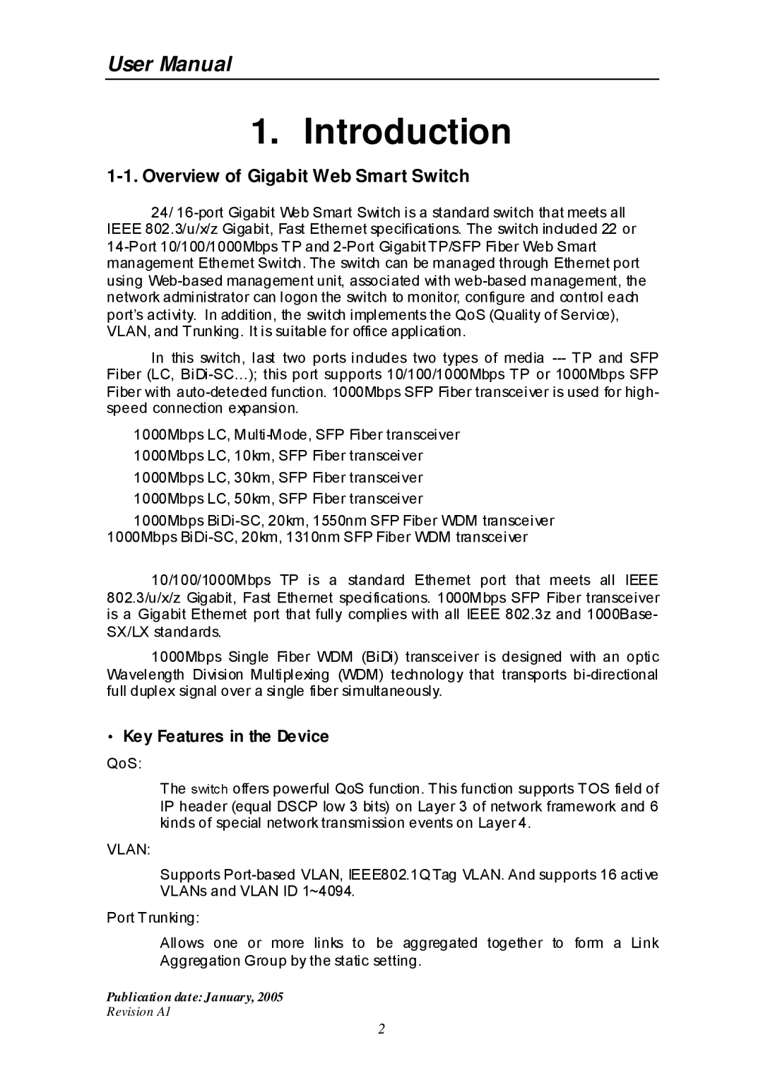 Edimax Technology ES-516G+ user manual Overview of Gigabit Web Smart Switch, Key Features in the Device 