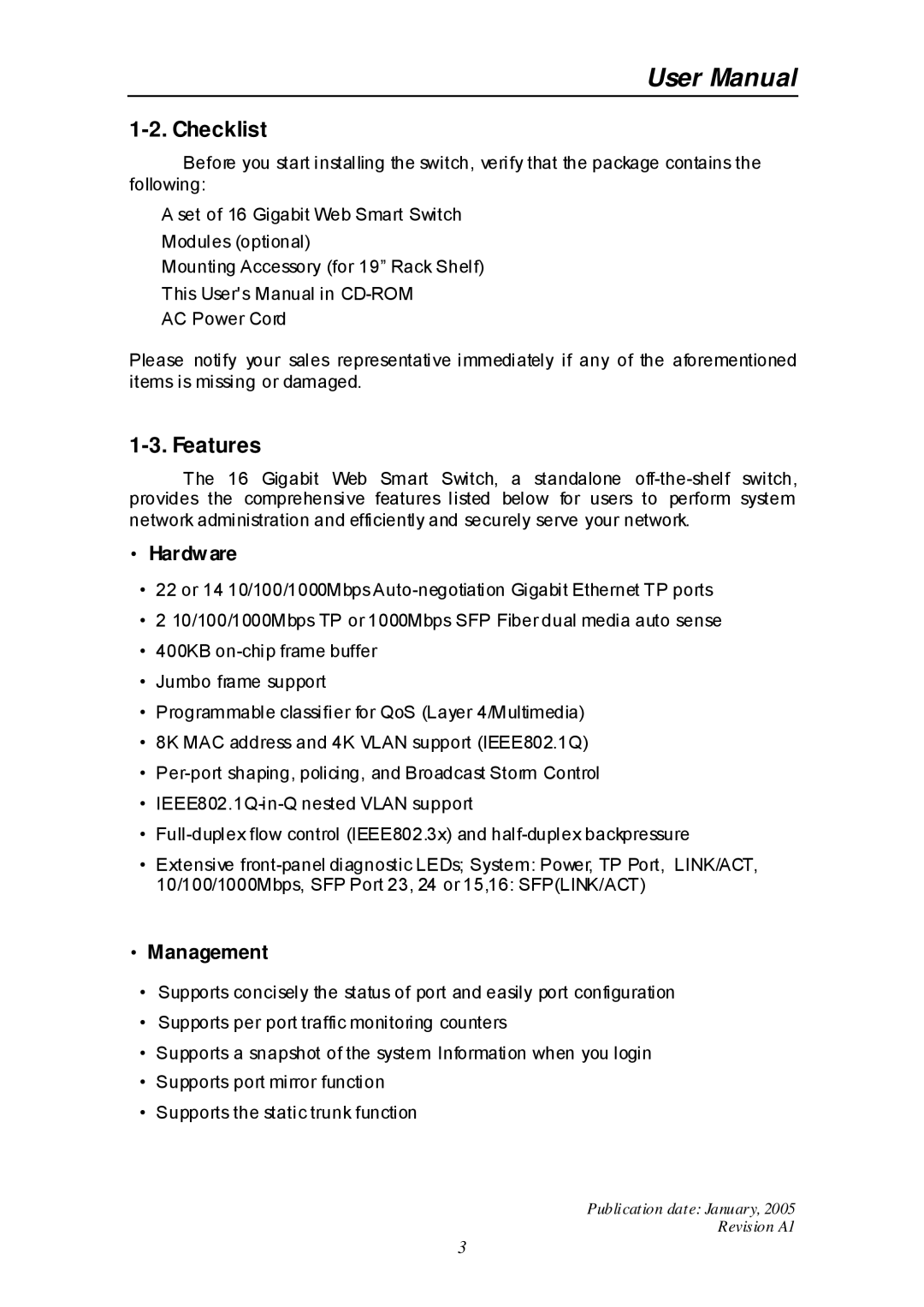 Edimax Technology ES-516G+ user manual Checklist, Features, Hardware, Management 