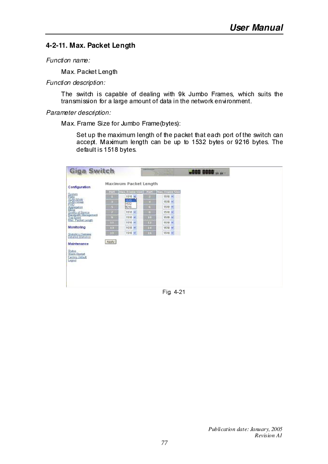 Edimax Technology ES-516G+ user manual Max. Packet Length 