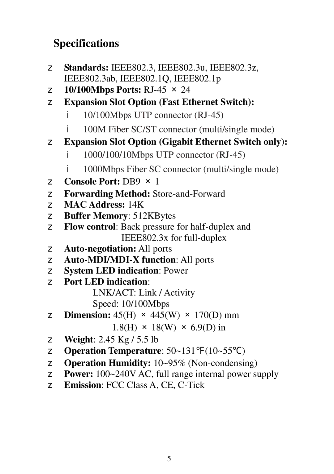 Edimax Technology ES-5224RF+, ES-5224RE+ Specifications, Expansion Slot Option Fast Ethernet Switch, Dimension 45H 