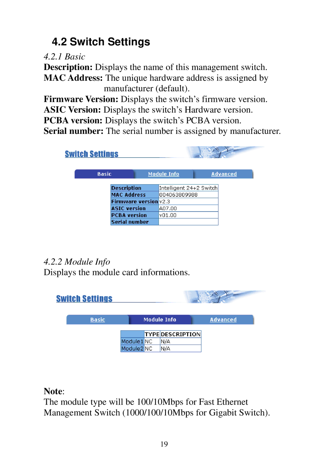 Edimax Technology ES-3124REM, ES-5224REM, ES-5224RFM, ES-5224RM user manual Switch Settings, Basic, Module Info 