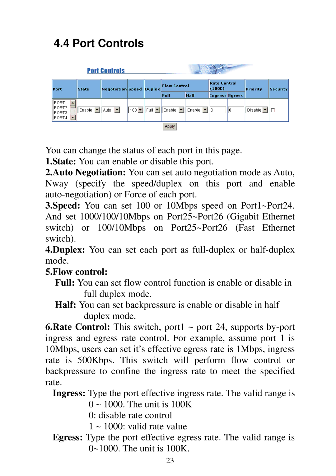 Edimax Technology ES-3124REM, ES-5224REM, ES-5224RFM, ES-5224RM user manual Port Controls, Flow control 