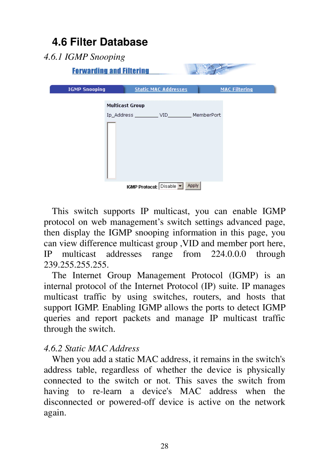 Edimax Technology ES-5224REM, ES-5224RFM, ES-5224RM, ES-3124REM user manual Filter Database, Igmp Snooping, Static MAC Address 