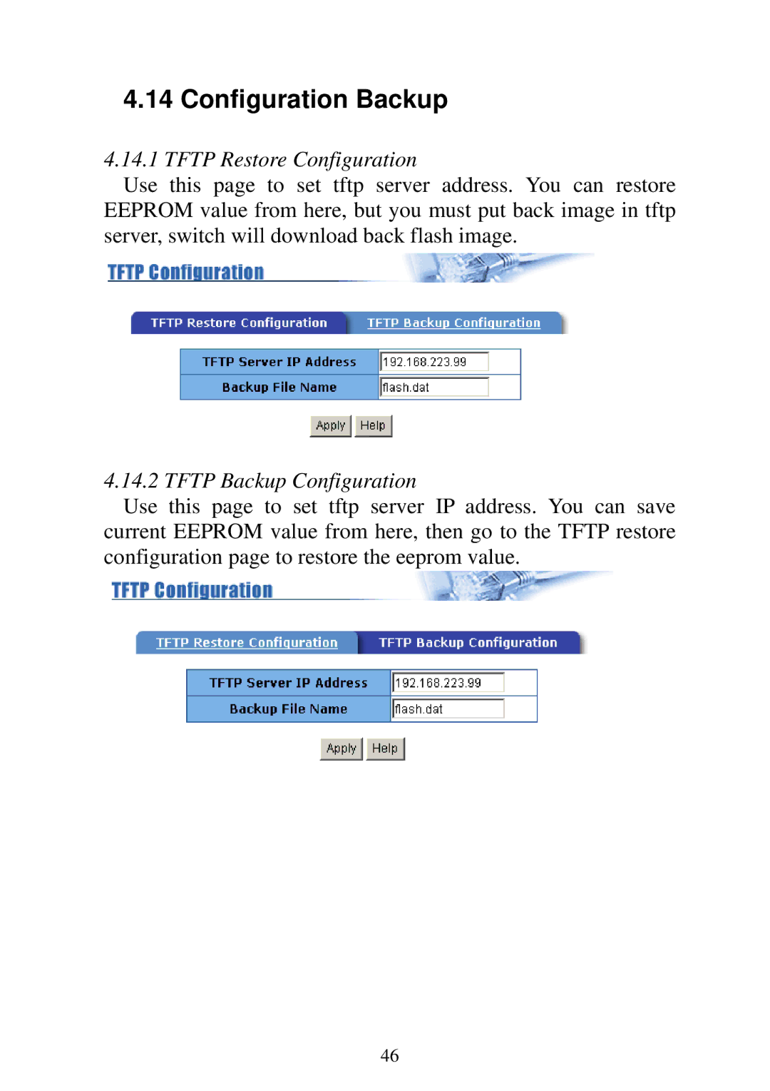 Edimax Technology ES-5224RM, ES-5224REM Configuration Backup, Tftp Restore Configuration, Tftp Backup Configuration 