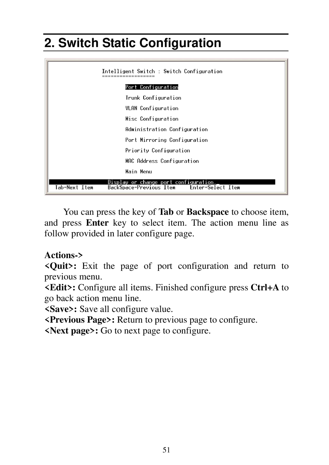 Edimax Technology ES-3124REM, ES-5224REM, ES-5224RFM, ES-5224RM user manual Switch Static Configuration, Actions 