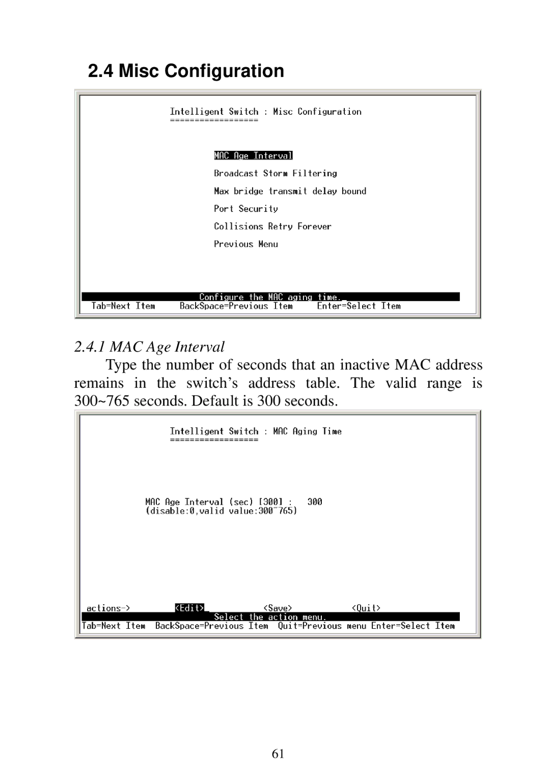 Edimax Technology ES-5224RFM, ES-5224REM, ES-5224RM, ES-3124REM user manual Misc Configuration, MAC Age Interval 