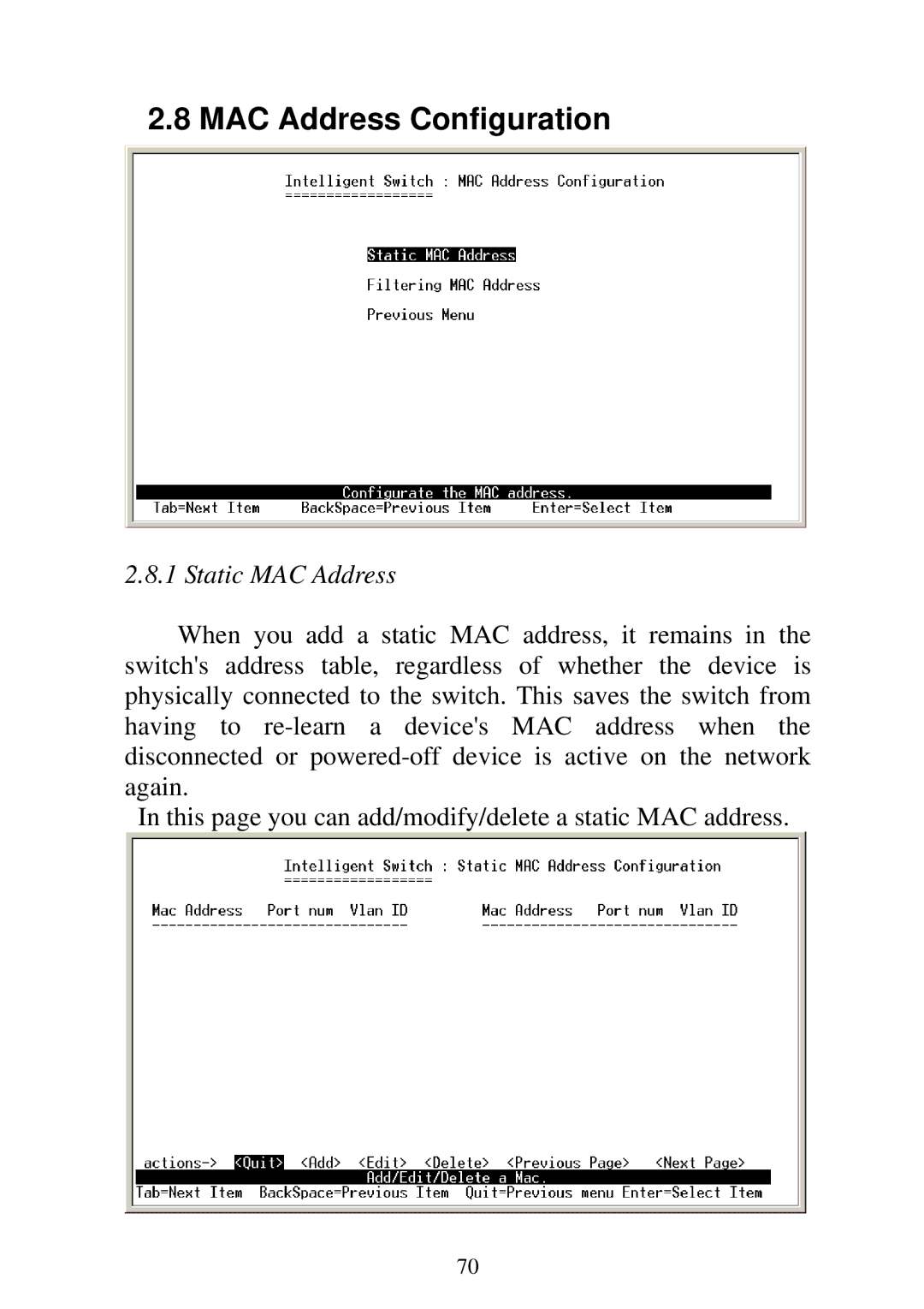 Edimax Technology ES-5224RM, ES-5224REM, ES-5224RFM, ES-3124REM user manual MAC Address Configuration, Static MAC Address 