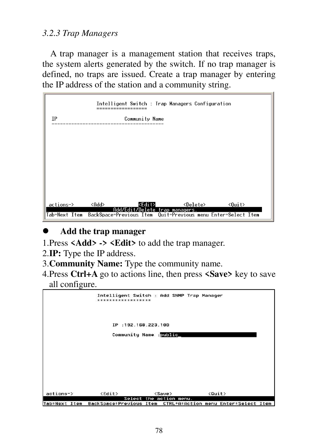 Edimax Technology ES-5224RM, ES-5224REM, ES-5224RFM, ES-3124REM user manual Trap Managers, Add the trap manager 