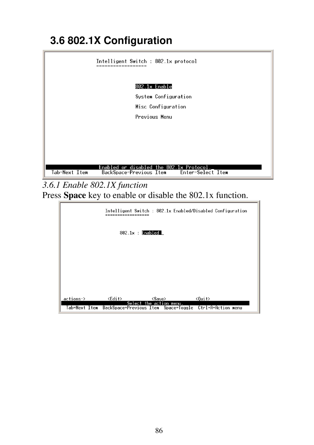 Edimax Technology ES-5224RM, ES-5224REM, ES-5224RFM, ES-3124REM user manual 802.1X Configuration, Enable 802.1X function 