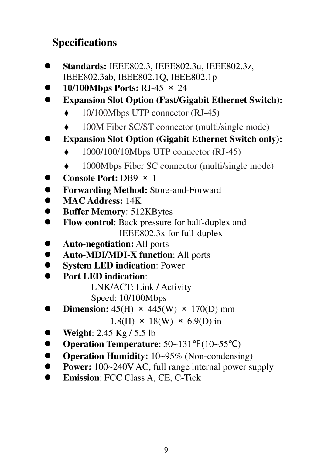 Edimax Technology ES-5224RFM, ES-5224REM, ES-5224RM Expansion Slot Option Fast/Gigabit Ethernet Switch, Dimension 45H 