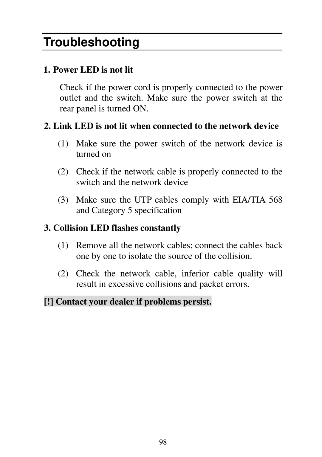 Edimax Technology ES-5224RM, ES-5224REM Power LED is not lit, Link LED is not lit when connected to the network device 