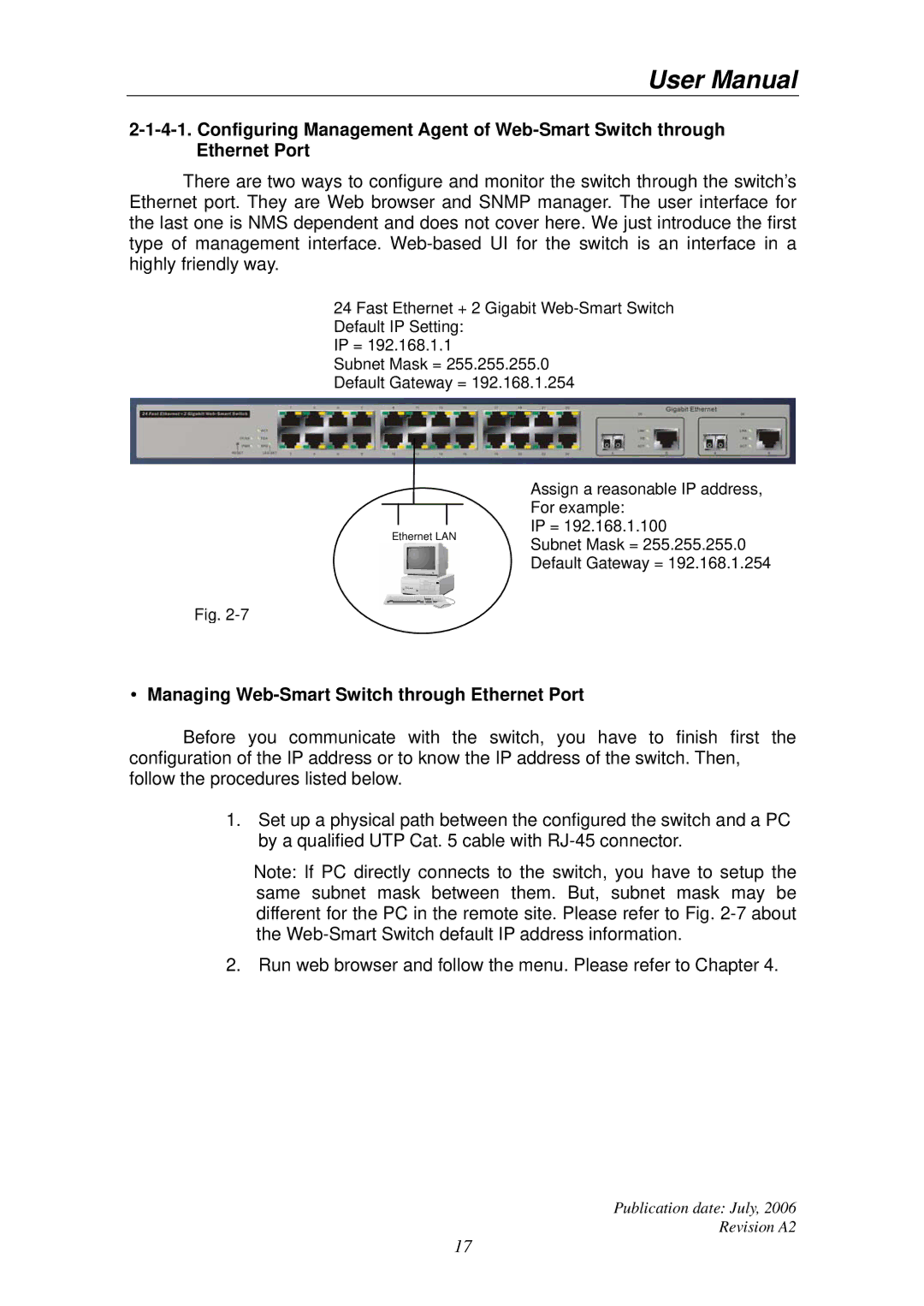 Edimax Technology ES-5224RS+ user manual Managing Web-Smart Switch through Ethernet Port 