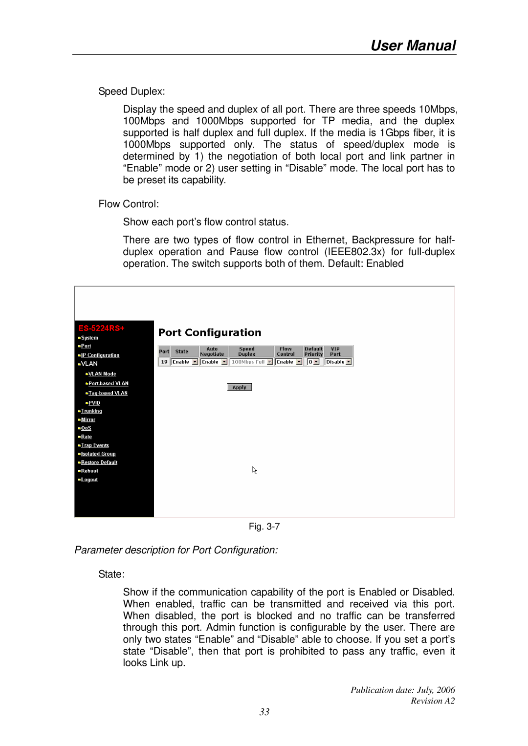 Edimax Technology ES-5224RS+ user manual Parameter description for Port Configuration 