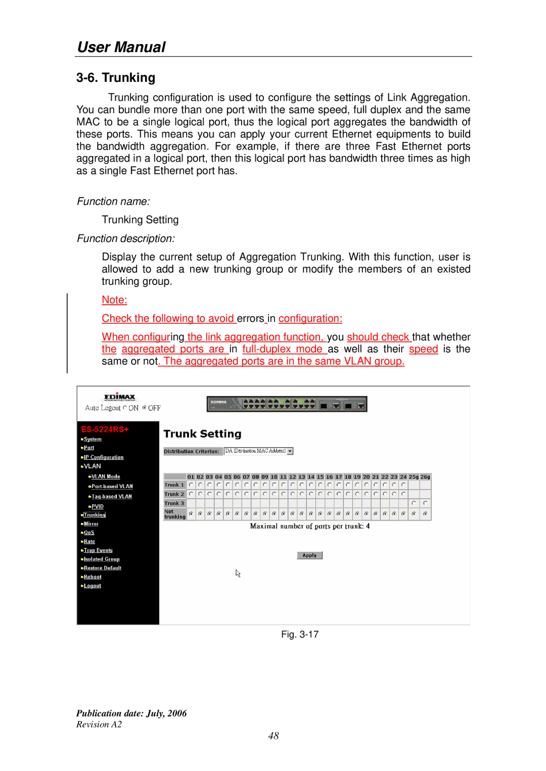 Edimax Technology ES-5224RS+ user manual Trunking 