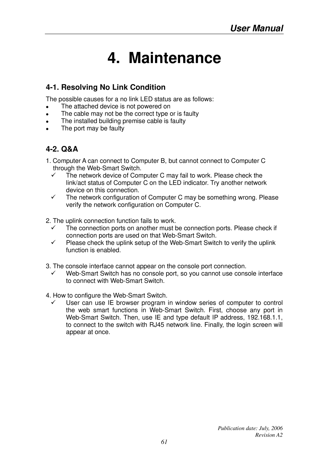 Edimax Technology ES-5224RS+ user manual Resolving No Link Condition, Q&A 