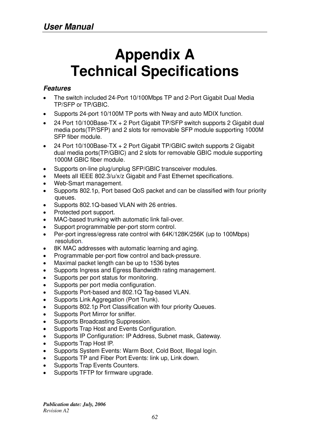 Edimax Technology ES-5224RS+ user manual Appendix a Technical Specifications 