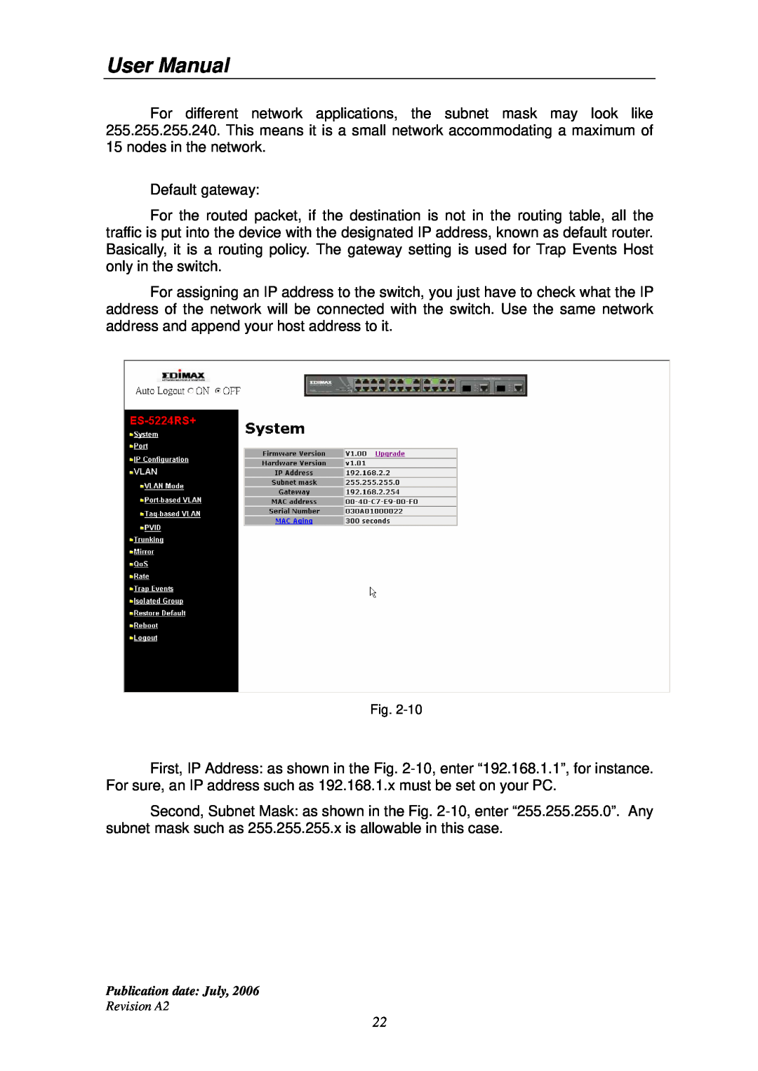 Edimax Technology ES-5224RS+ user manual User Manual, Default gateway 