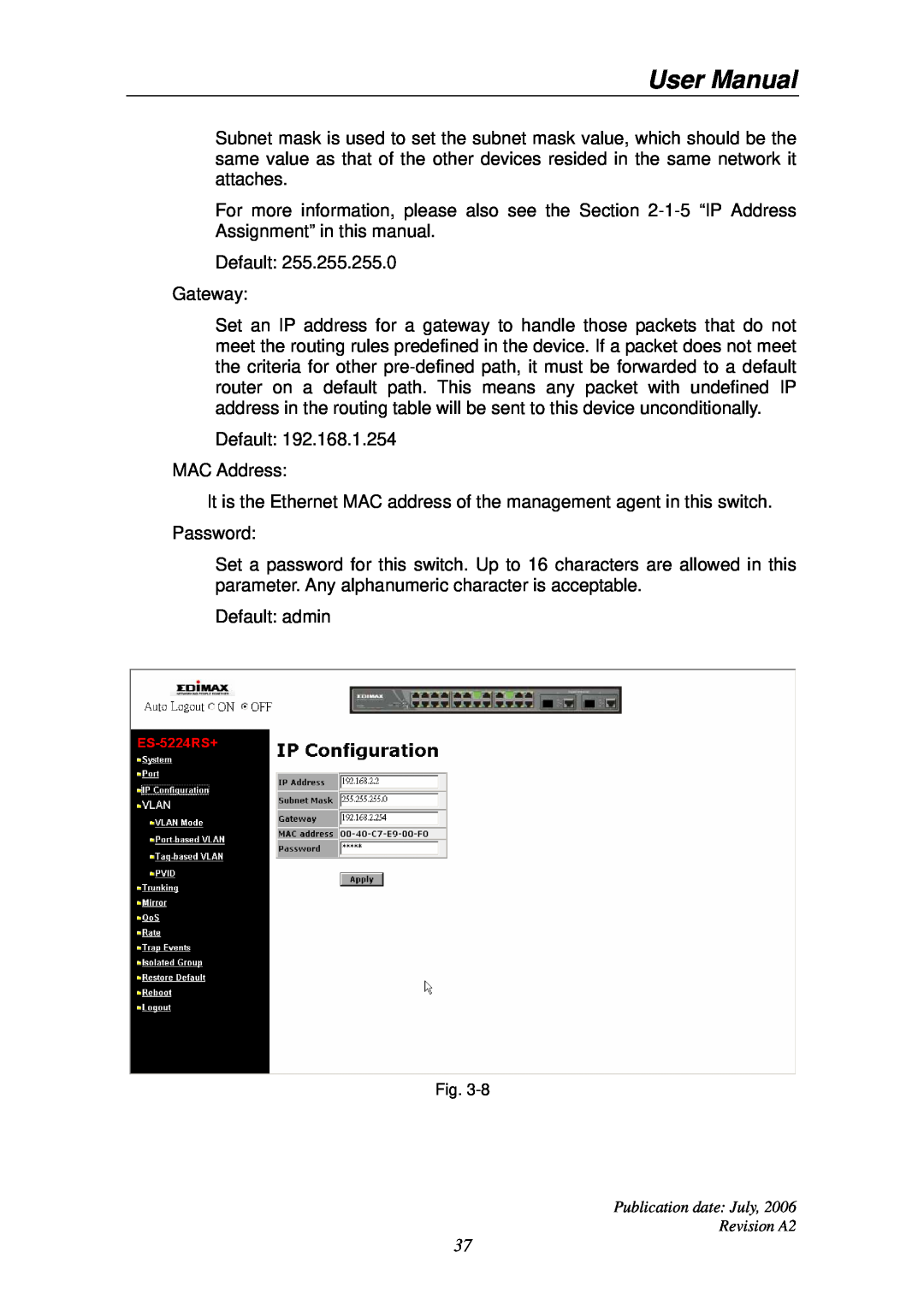 Edimax Technology ES-5224RS+ user manual User Manual, Default 255.255.255.0 Gateway 