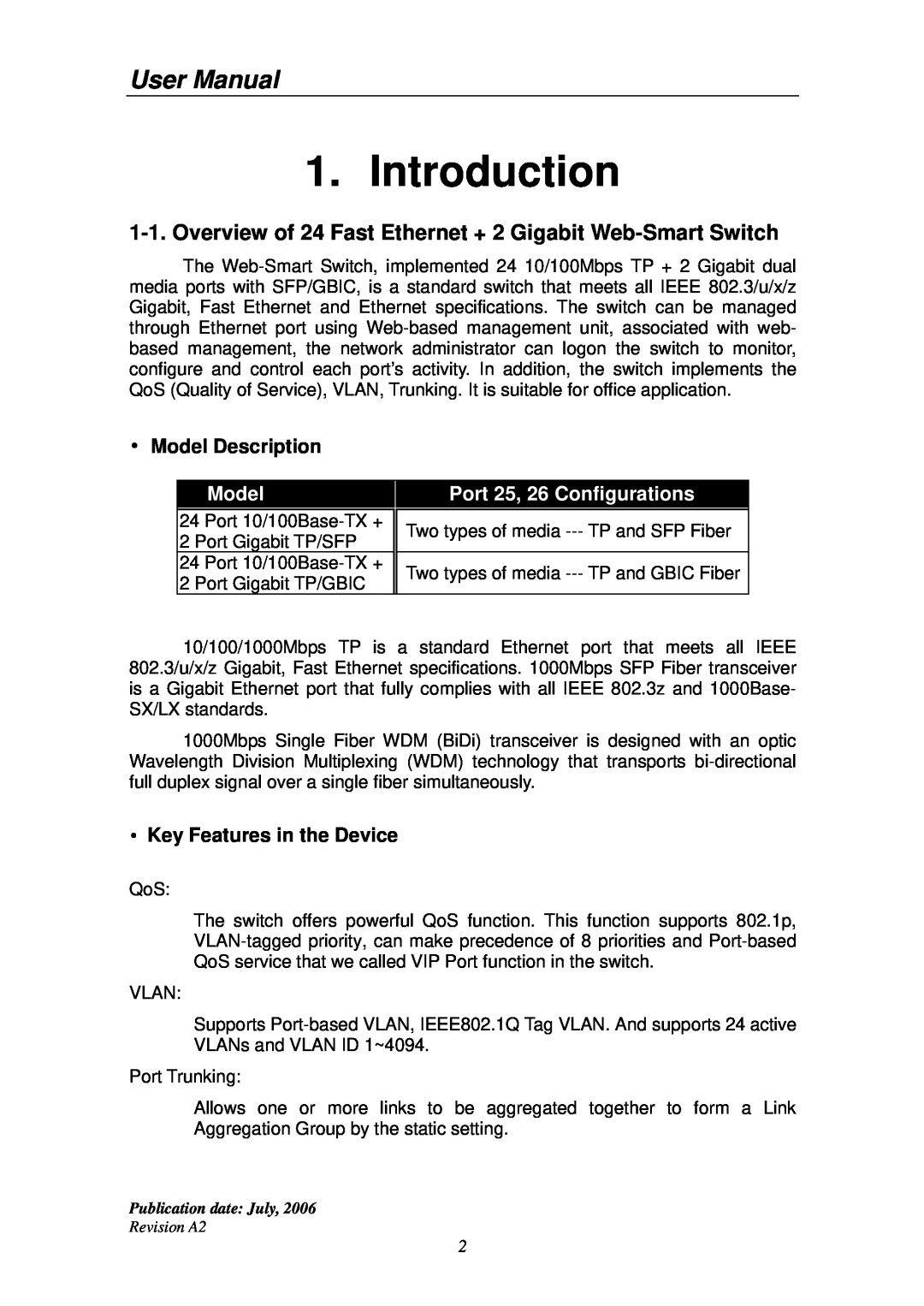 Edimax Technology ES-5224RS+ Introduction, Overview of 24 Fast Ethernet + 2 Gigabit Web-Smart Switch, Model Description 