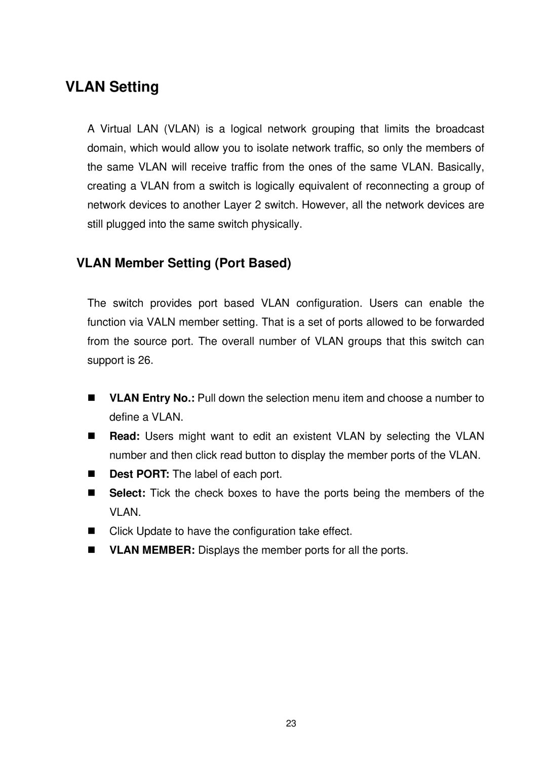 Edimax Technology ES-5226RS manual Vlan Setting, Vlan Member Setting Port Based 