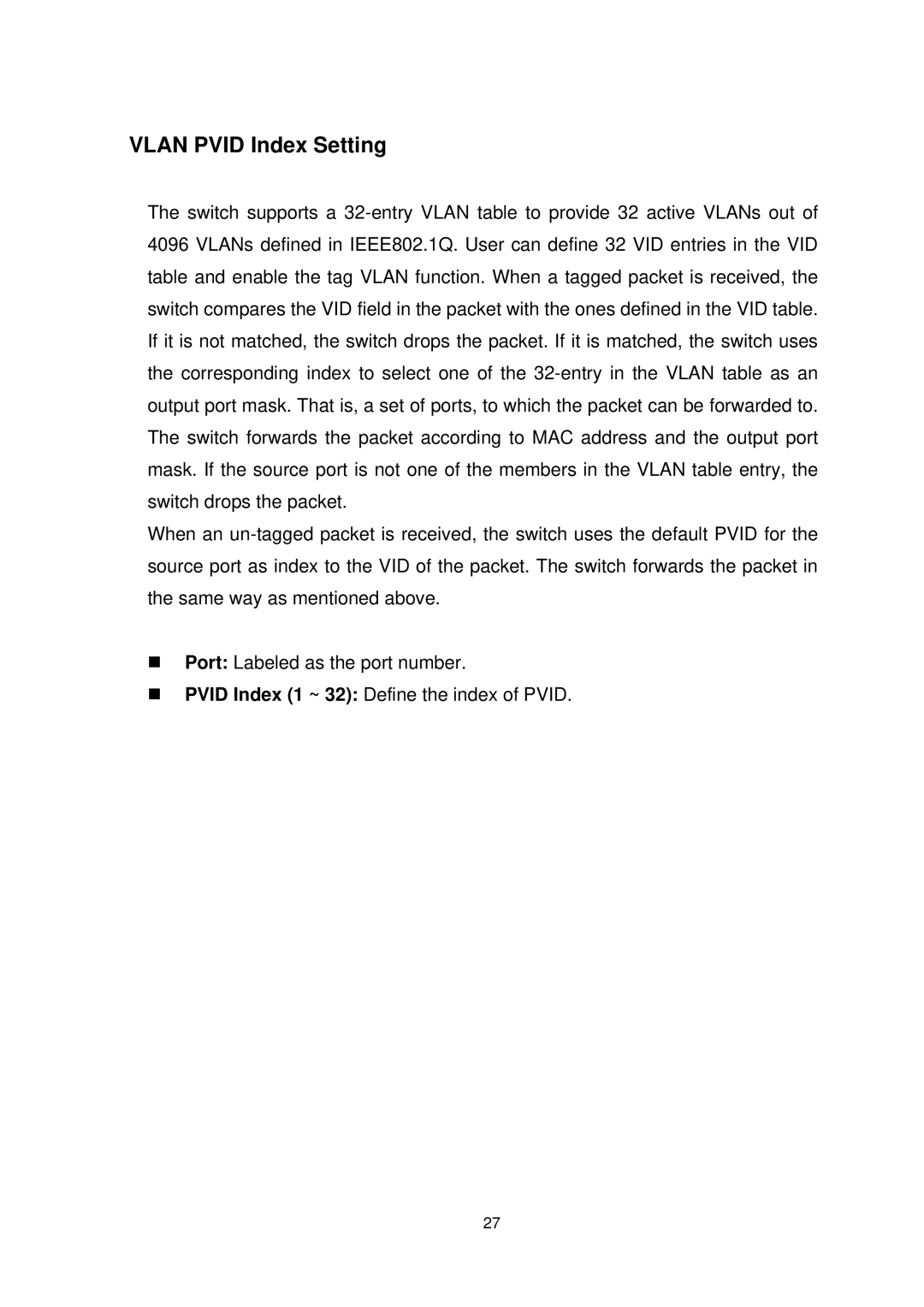 Edimax Technology ES-5226RS manual Vlan Pvid Index Setting 