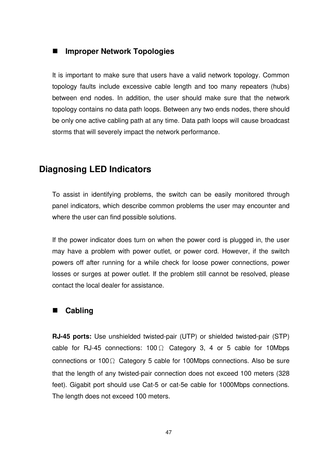 Edimax Technology ES-5226RS manual Diagnosing LED Indicators, „ Improper Network Topologies, „ Cabling 