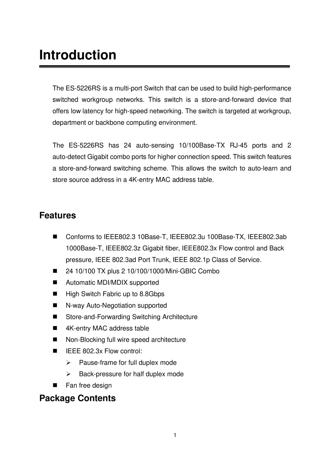 Edimax Technology ES-5226RS manual Introduction, Features, Package Contents 