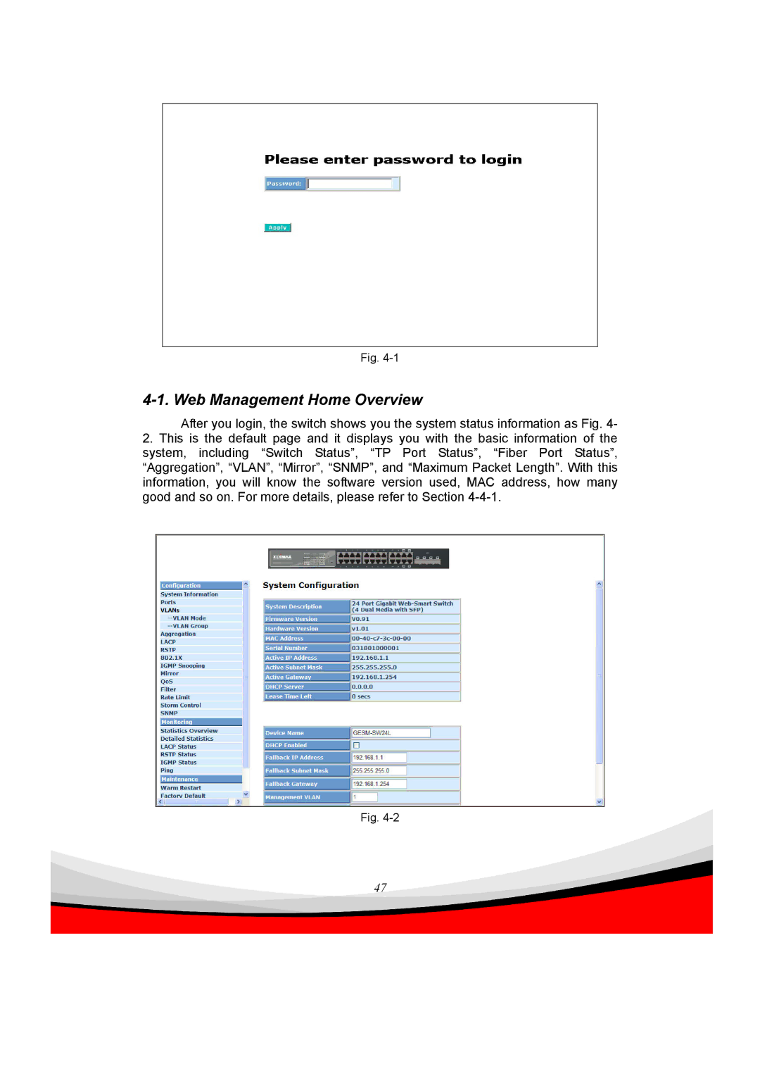 Edimax Technology ES-5240G+ user manual Web Management Home Overview 