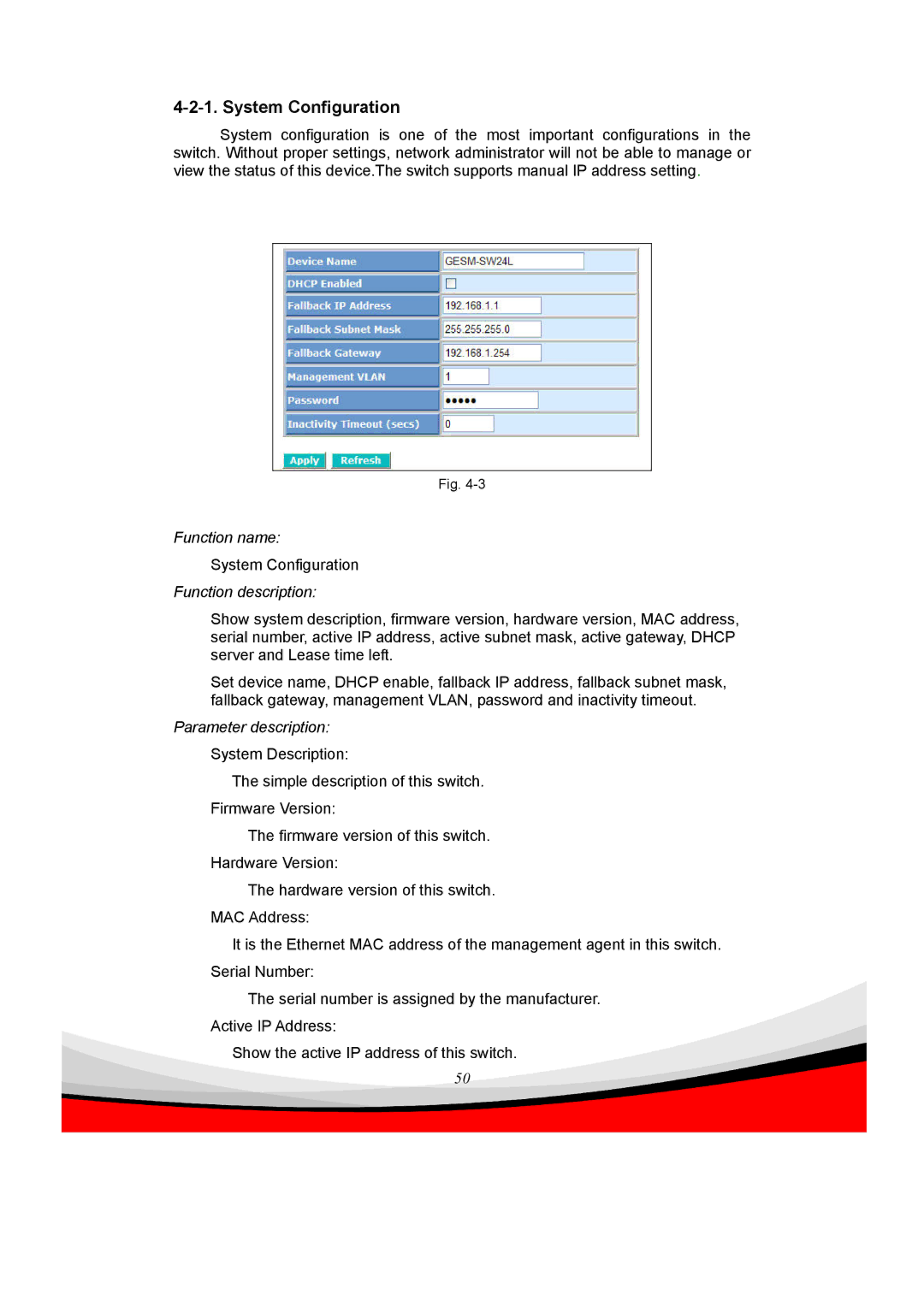 Edimax Technology ES-5240G+ user manual System Configuration, Function description 