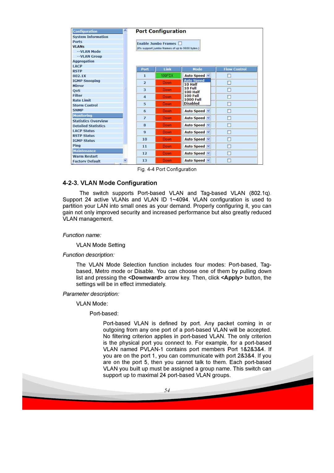 Edimax Technology ES-5240G+ user manual Vlan Mode Configuration, Port Configuration 