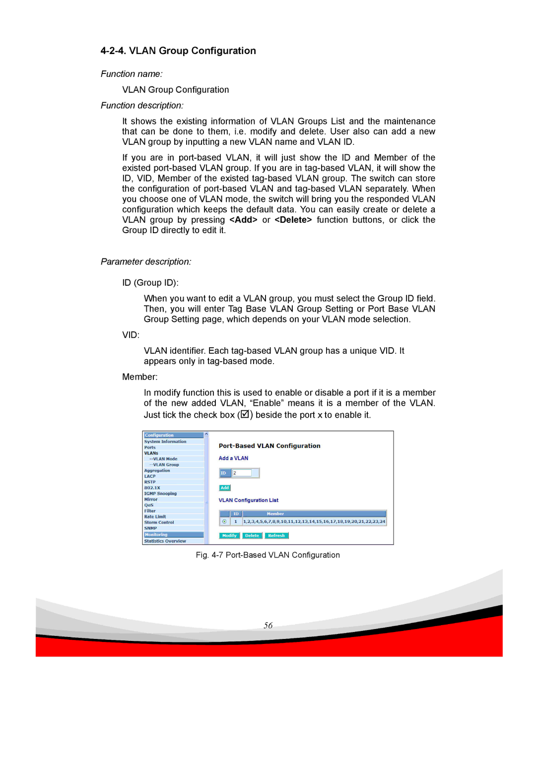 Edimax Technology ES-5240G+ user manual Vlan Group Configuration, Vid 