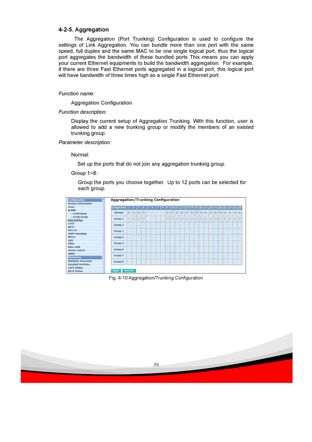 Edimax Technology ES-5240G+ user manual Aggregation/Trunking Configuration 