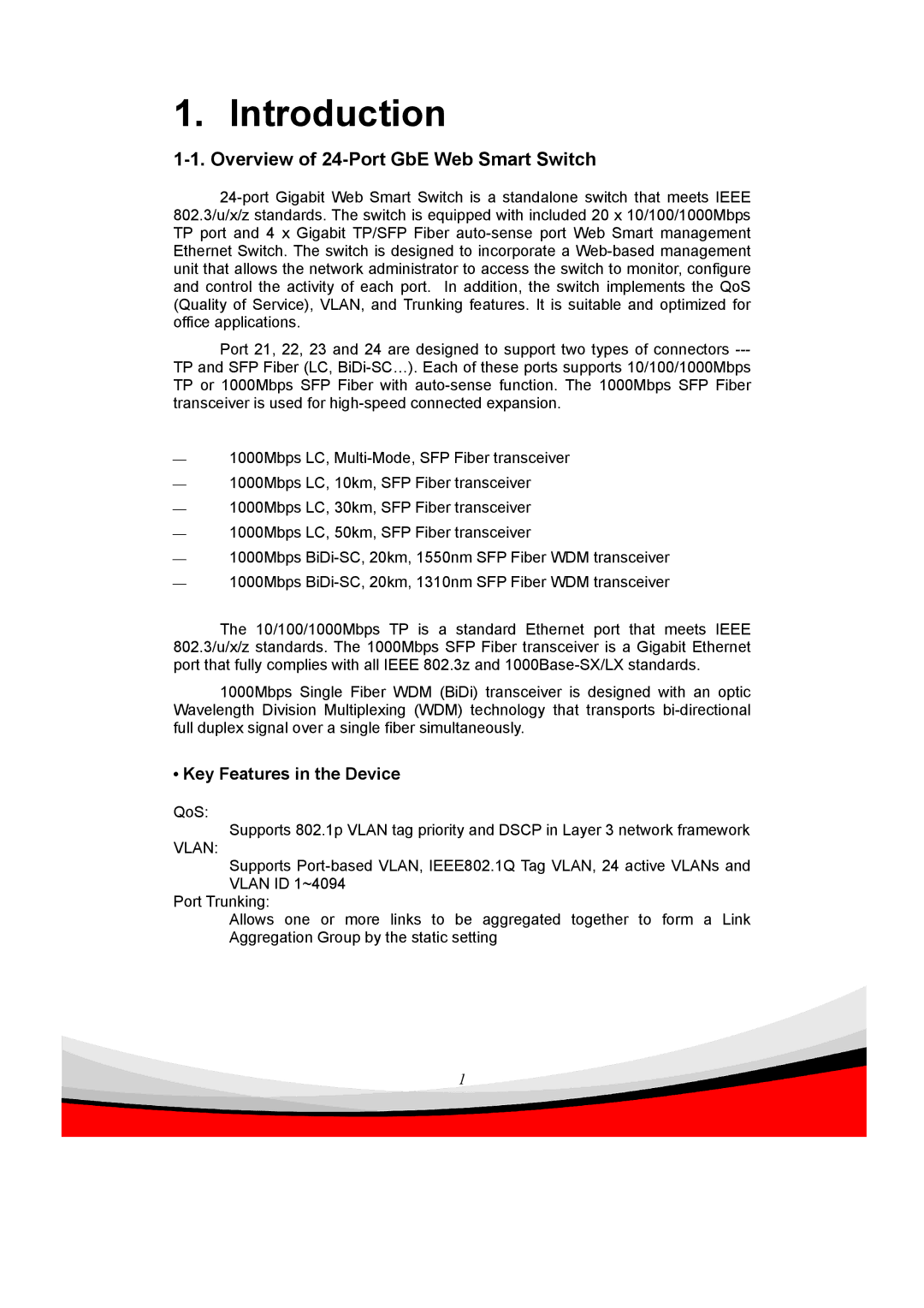 Edimax Technology ES-5240G+ user manual Overview of 24-Port GbE Web Smart Switch, Key Features in the Device, Vlan 