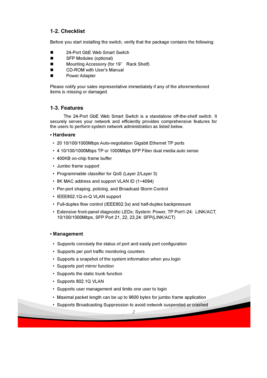 Edimax Technology ES-5240G+ user manual Checklist, Features, Hardware, Management 