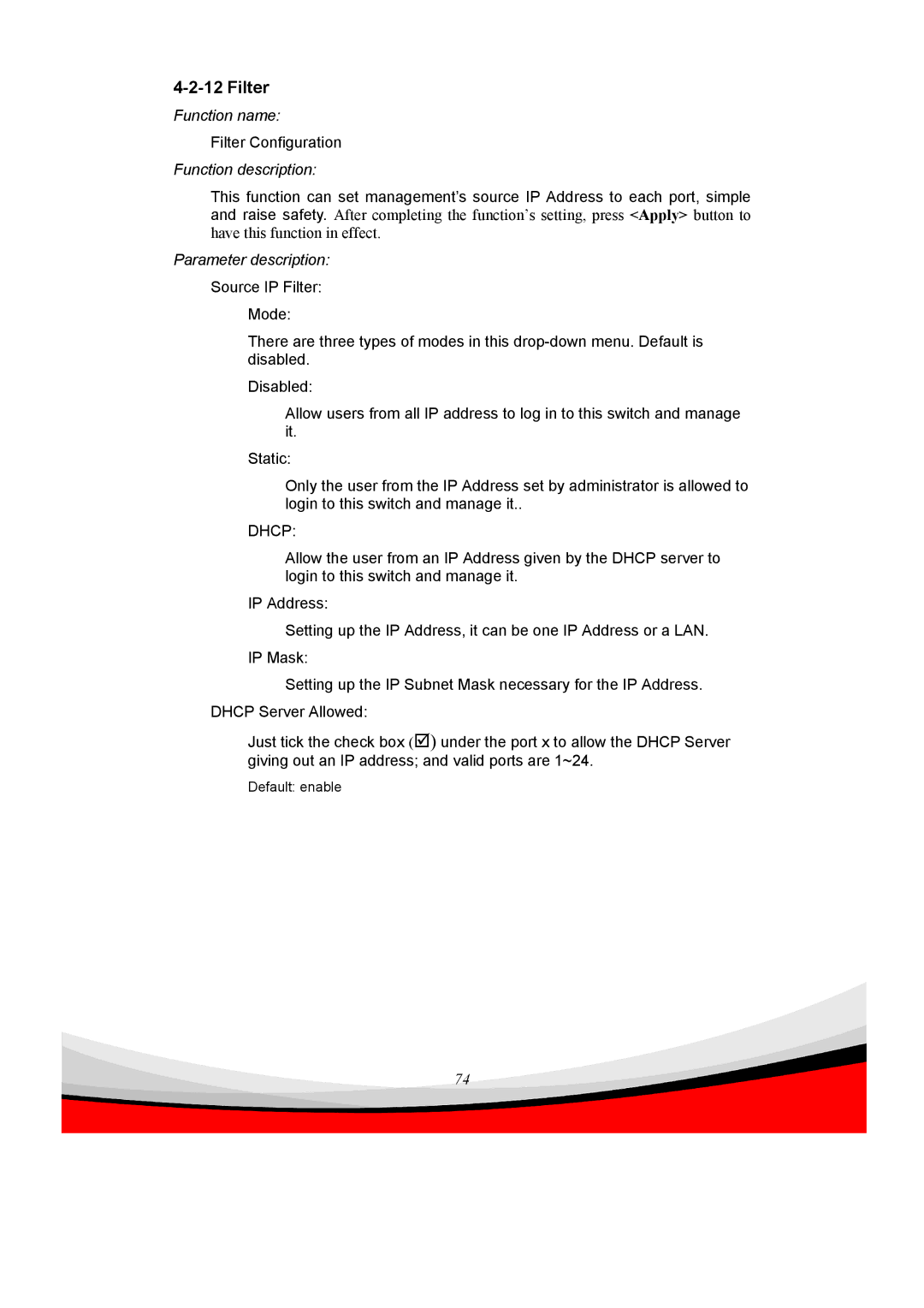 Edimax Technology ES-5240G+ user manual Filter, Dhcp 