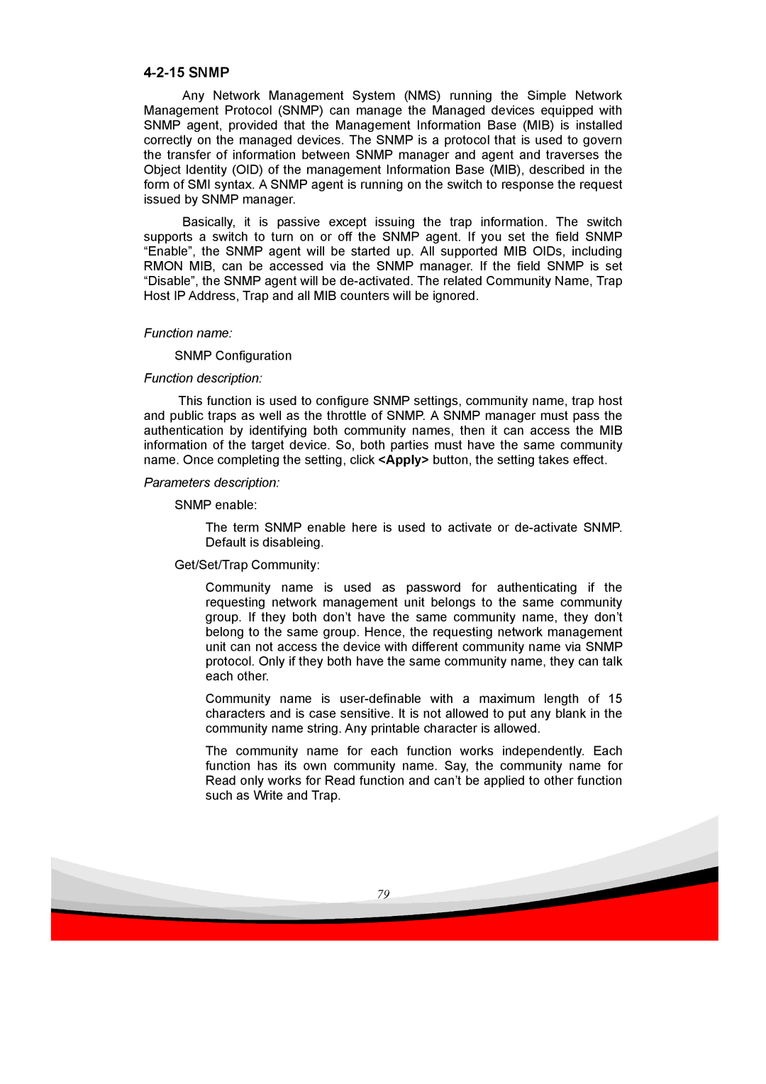 Edimax Technology ES-5240G+ user manual Snmp, Parameters description 