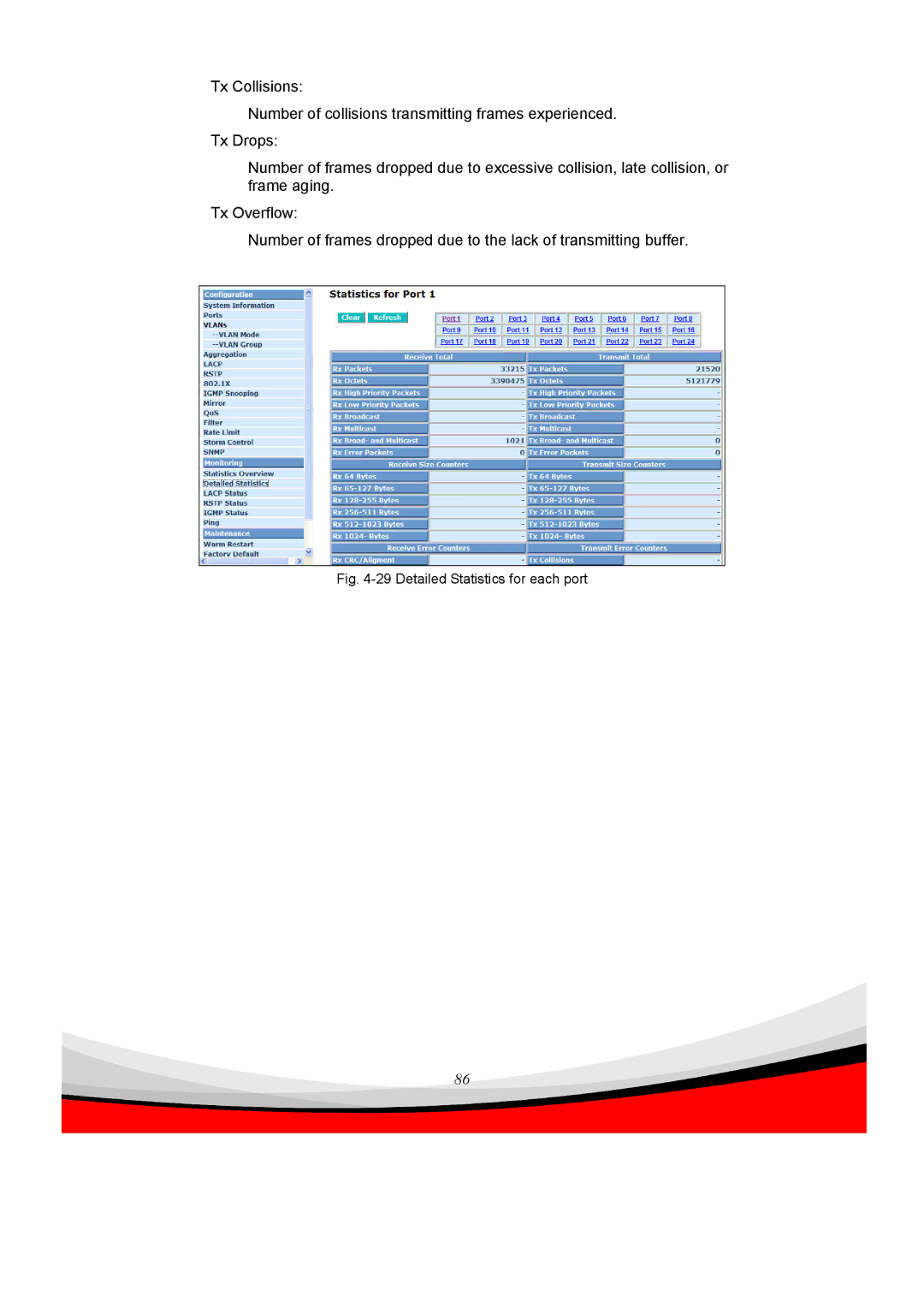 Edimax Technology ES-5240G+ user manual Detailed Statistics for each port 