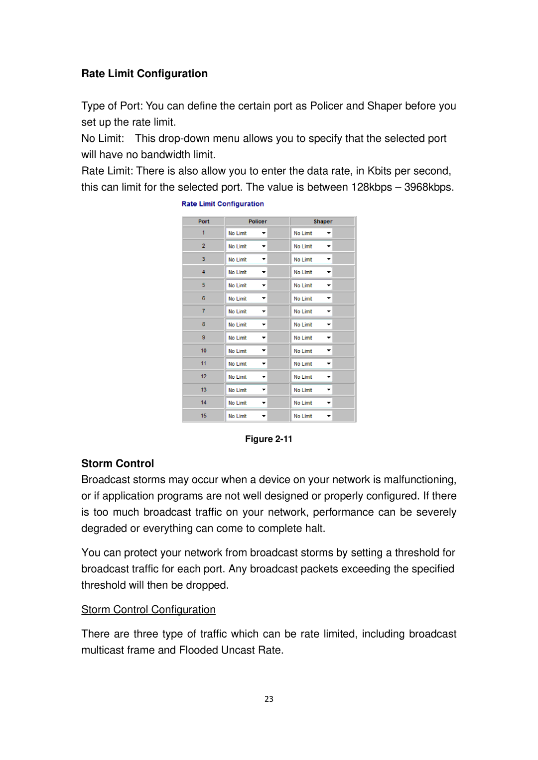 Edimax Technology ES-5816PGH user manual Rate Limit Configuration, Storm Control 