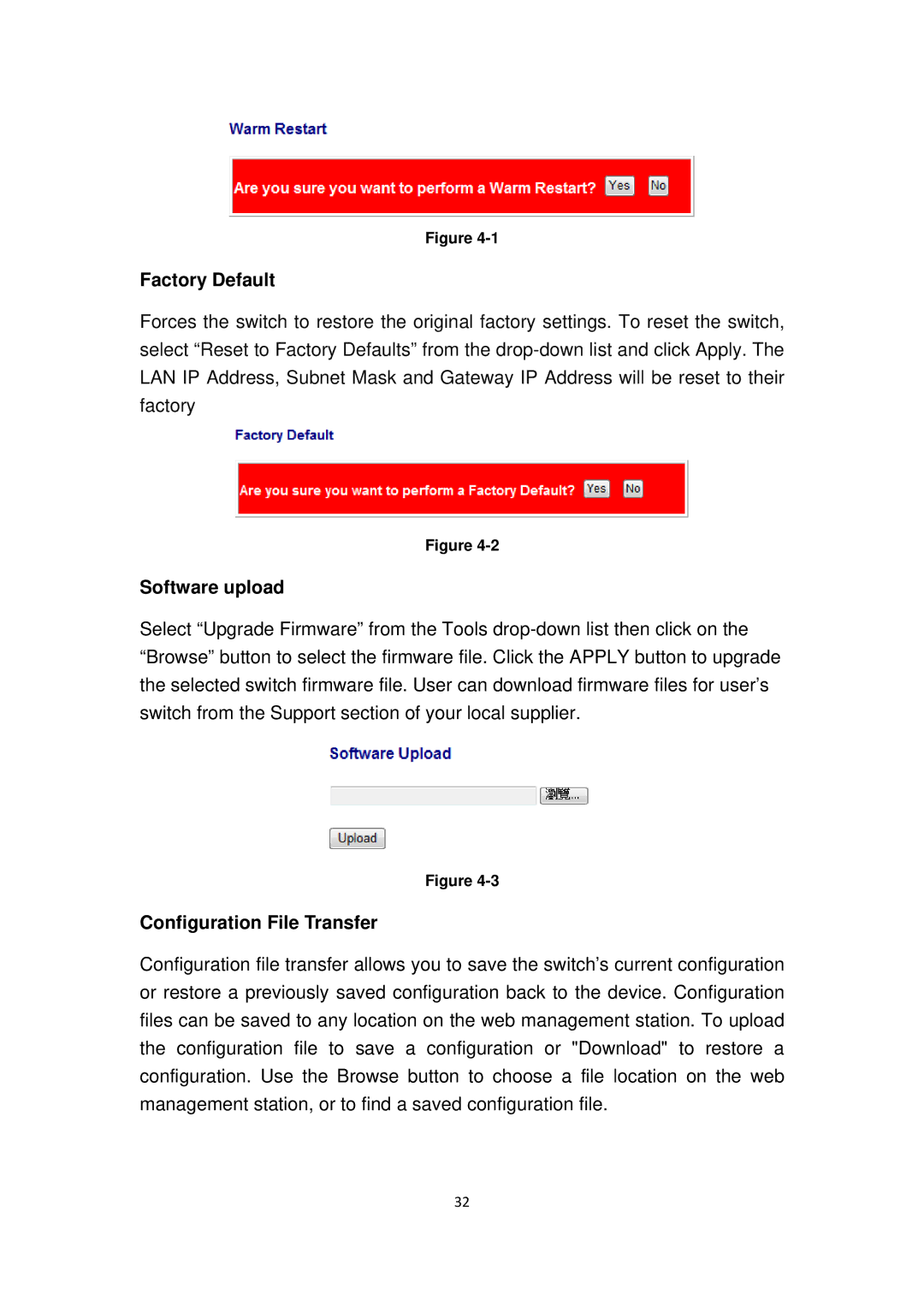 Edimax Technology ES-5816PGH user manual Factory Default, Software upload, Configuration File Transfer 