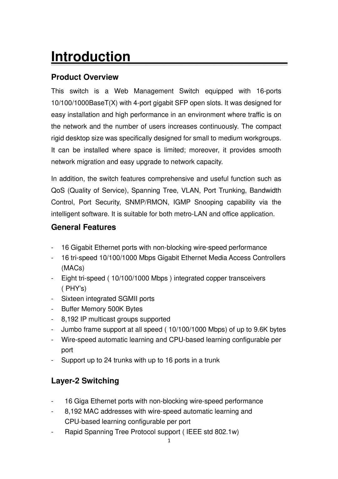 Edimax Technology ES-5816PGH user manual Product Overview, General Features, Layer-2 Switching 