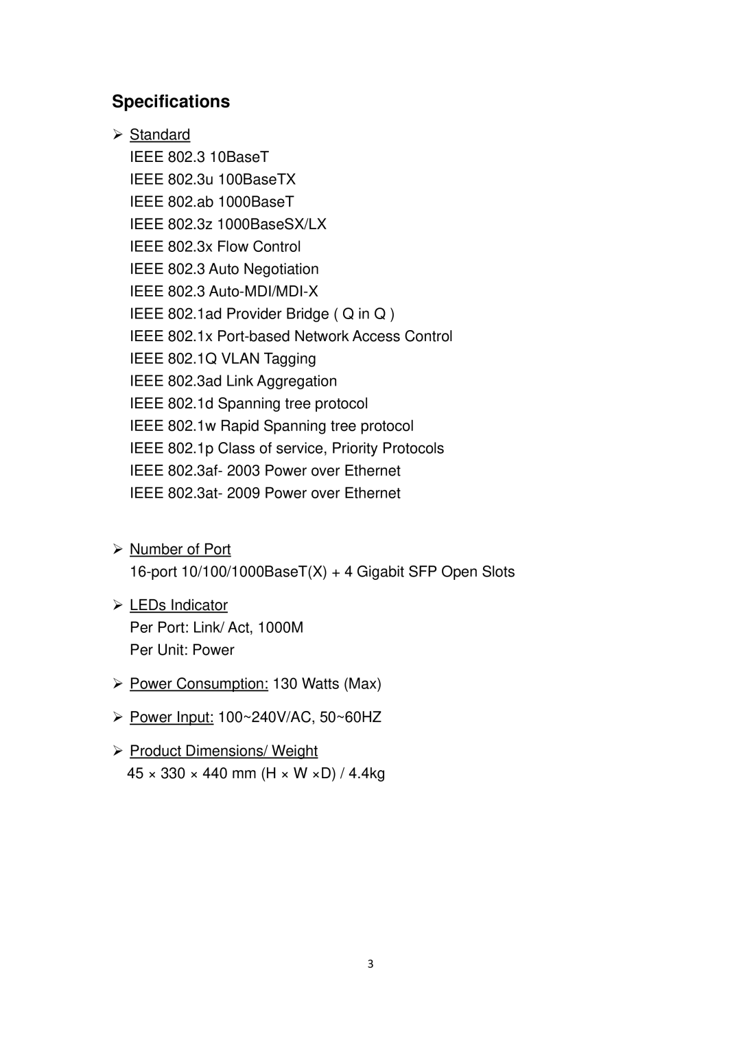 Edimax Technology ES-5816PGH user manual Specifications 