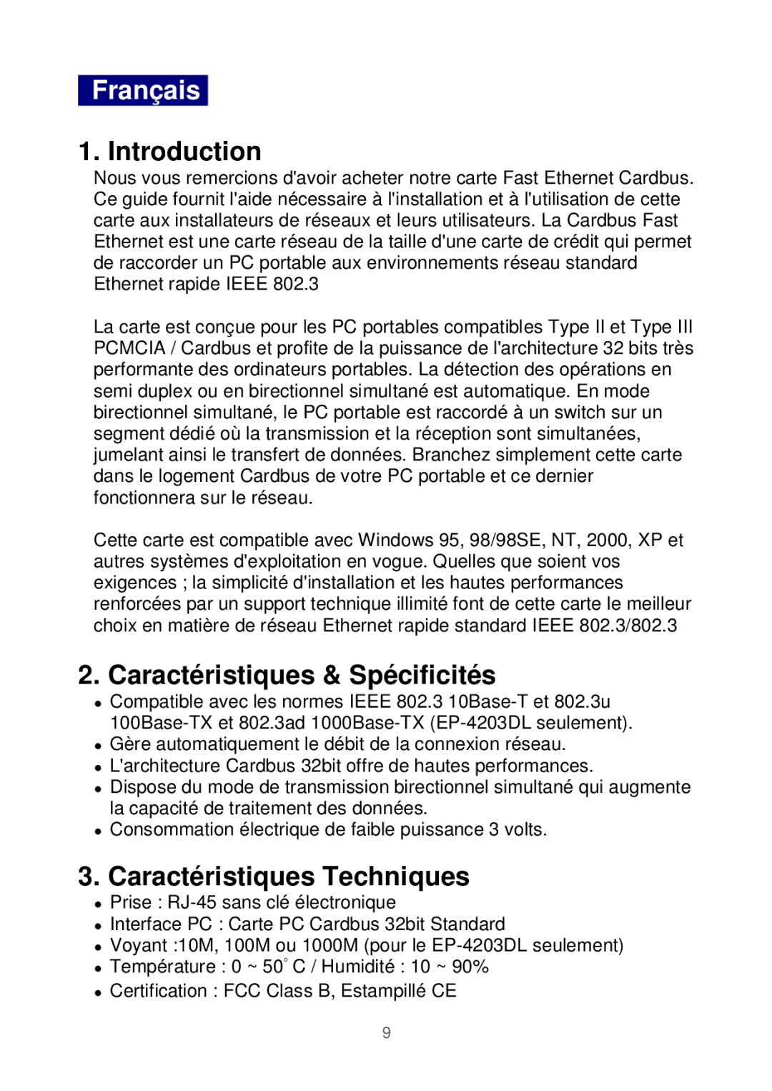 Edimax Technology Ethernet Cardbus Adapter manual Français, Caractéristiques & Spécificités, Caractéristiques Techniques 