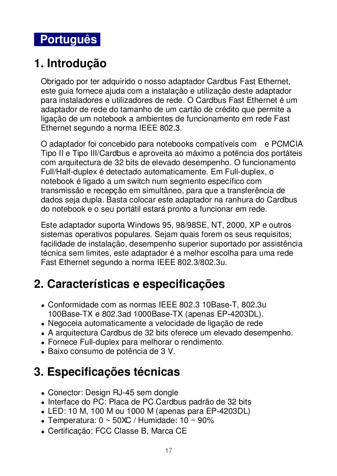 Edimax Technology Ethernet Cardbus Adapter manual Português, Introdução, Características e especificações 