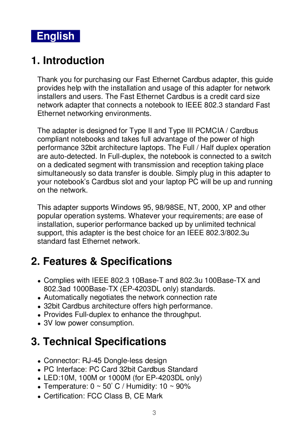 Edimax Technology Ethernet Cardbus Adapter English, Introduction, Features & Specifications, Technical Specifications 